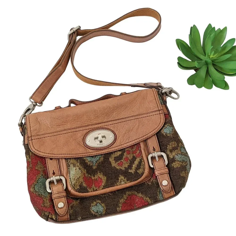 Long Live Vintage Fossil 1954 Maddox Brown Leather Tapestry Messenger Purse RARE